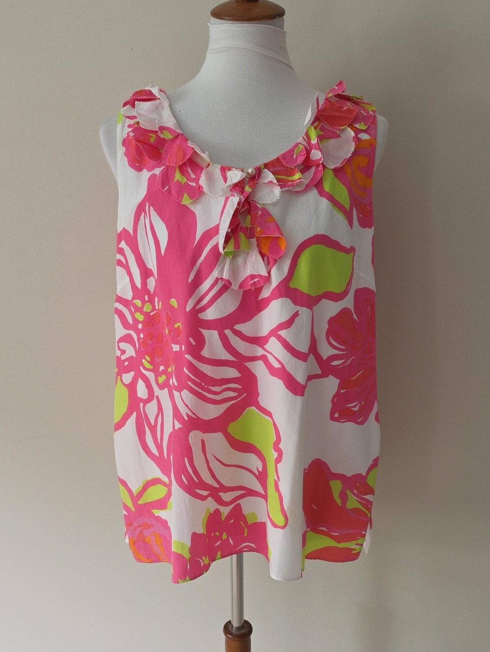 Lilly Pulitzer Sleeveless Floral Ruffle Tank Top - Pink & White